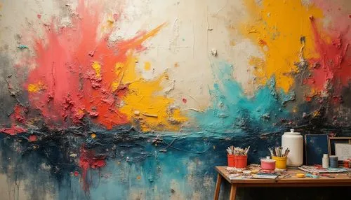 Vibrant art studio, eclectic mix of colors, bold brushstrokes, abstract expressionism, contemporary artwork, neutral beige background, pops of bright coral, turquoise accents, warm golden yellow, deep