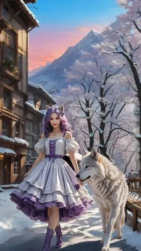 fantasy picture,winter background,the snow queen,korean village snow,world digital painting,snow scene,suit of the snow maiden,purple landscape,the spirit of the mountains,winter dream,winter festival,japanese sakura background,girl with dog,wolf couple,white rose snow queen,the purple-and-white,fantasy art,snow white,la violetta,white winter dress