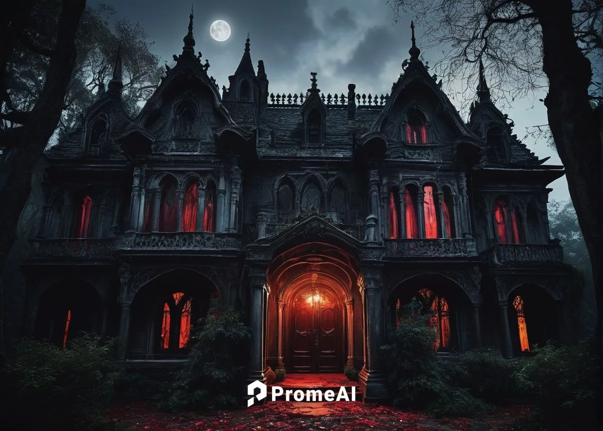 Spooky vampire's mansion, Gothic architecture, grand entrance, intricate stone carvings, ornate iron gates, misty night, full moon, dim lanterns, eerie silence, abandoned courtyard, overgrown vines, c