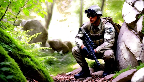 soldier, male, camouflage uniform, helmet, goggles, rifle, backpack, crouching, hiding behind rocks, leafy green surroundings, natural environment, warm sunlight filtering through trees, shallow depth