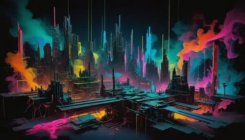 metropolis,fantasy city,colorful city,cityscape,cybercity,futuristic landscape,cybertown,synth,cyberpunk,cyberworld,cyberia,rift,digitalism,cyberscene,megalopolis,vapor,destroyed city,kaleidoscape,dystopian,fractal environment,Art,Artistic Painting,Artistic Painting 51