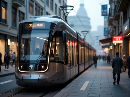 Streamlined tram station, modern fa\u00e7ade design, sleek metallic surfaces, curved lines, minimal ornamentation, large glass windows, sliding doors, LED lighting, urban landscape, busy street scene,