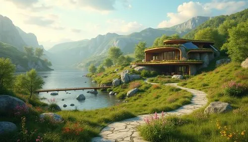 house by the water,house in the mountains,house with lake,house in mountains,home landscape,summer cottage,dreamhouse,beautiful home,idyllic,houseboat,houseboats,fantasy landscape,the cabin in the mountains,rivendell,alpine village,mountain settlement,seclude,floating huts,little house,biotope,Photography,General,Realistic