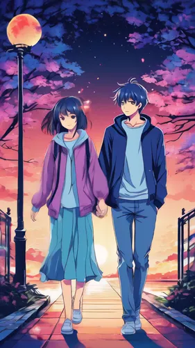 a anime young loving couple,lonely feeling,hope,vector,cartoon style,night,hold hands,anime japanese clothing,holding hands,dusk background,sakana,shirakami-sanchi,hand in hand,loving couple sunrise,b