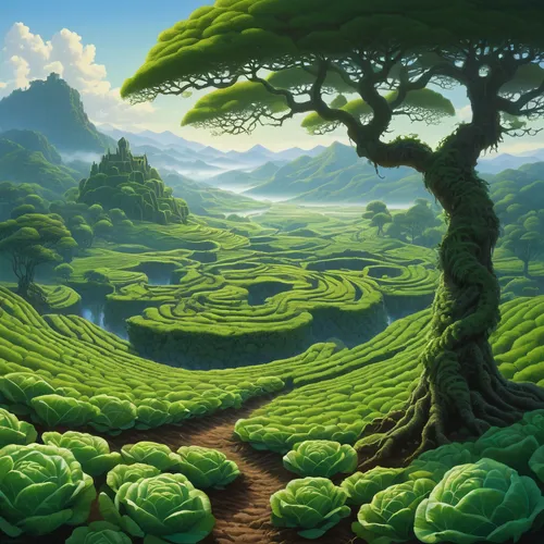 fantasy landscape, sunken land, lush cabbage fields, vibrant green cabbages, misty background, ancient ruins, overgrown with moss, twisted trees, soft ambient light, morning dew, serene atmosphere, wi