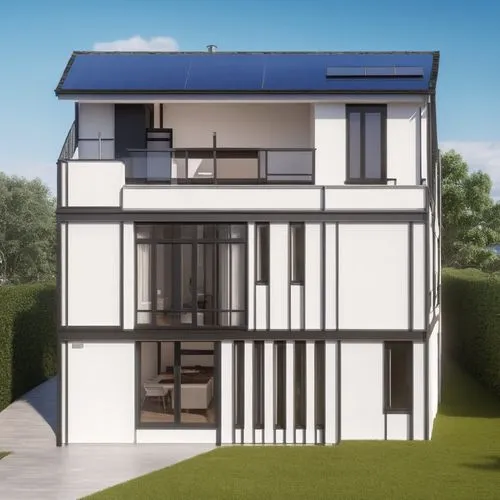 realiza un render de toda la casa, que el clima este nublado, que este construida en un lugar donde haya algunos arboles llorones, los acabados de la casa sea color blanco, con detalles de celosias, ,