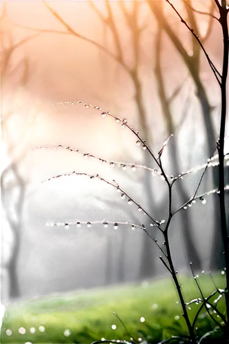 Foggy morning, misty atmosphere, soft focus, dreamy mood, gentle lighting, dew drops on leaves, blurred background, solo tree, twisted branches, mysterious aura, 3/4 composition, shallow depth of fiel