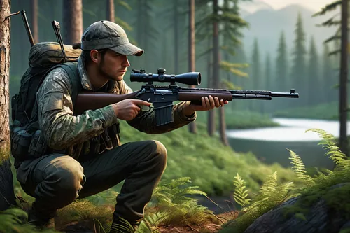 sniper,red army rifleman,rifleman,m4a1 carbine,woodsman,hunting decoy,game illustration,no hunting,marksman,rifle,m16,submachine gun,wolf hunting,chasseur,forest background,grenadier,game art,hunting scene,snipey,camo,Art,Classical Oil Painting,Classical Oil Painting 12