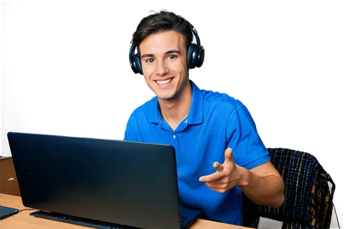 YouTuber, male, young adult, smiling face, enthusiastic expression, blue shirt, casual wear, headphones, microphone, laptop, desk, messy room, dim lighting, shallow depth of field, warm color tone, ci