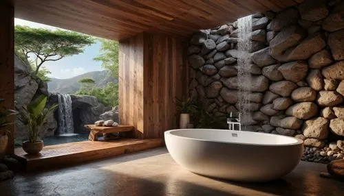 luxury bathroom,modern minimalist bathroom,bathtub,amanresorts,stone sink,bath room,onsen,bagno,bathroom,wash basin,washbasin,natural stone,tub,spa water fountain,rustic,water mist,japanese-style room,banyo,landscape design sydney,3d rendering