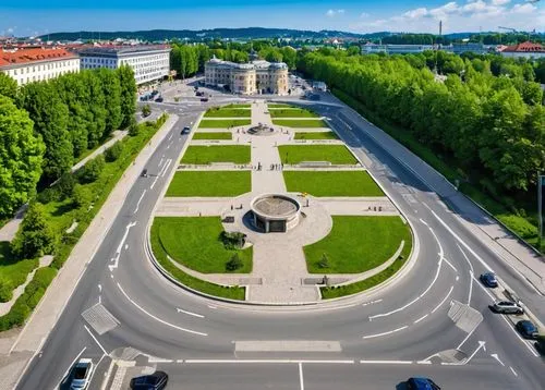 highway with cars perpendicular to me and old buildings from times of wien floridsdorf siedlung not fancy, but simple. ,vilnius,republic square,alba iulia,minsk,heroes ' square,zagreb,brandenburg gate