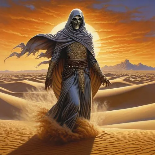 dune 45,dune,shifting dune,dance of death,death god,death angel,sandstorm,sahara,admer dune,desert background,hooded man,sand timer,sahara desert,grim reaper,grimm reaper,sand road,prejmer,erbore,merzouga,reaper,Illustration,American Style,American Style 07