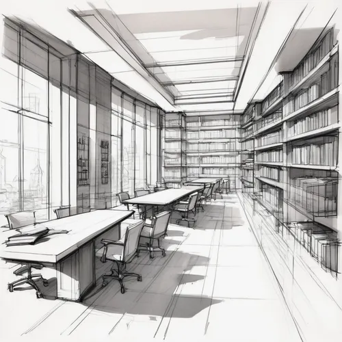 study room,reading room,celsus library,bookshelves,library,university library,shelving,digitization of library,school design,office line art,study,shelves,bookcase,lecture room,working space,library book,modern office,offices,daylighting,frame drawing,Illustration,Black and White,Black and White 08
