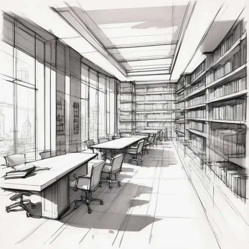 Create architecture sketches in different shapes that showcase a modern library in section. Rich in details.,study room,reading room,celsus library,bookshelves,library,university library,shelving,digi