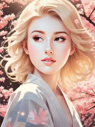 Japanese drawing of a beautiful blonde Manga lady in Japanese countryside, sunshine, cherry blossom, gorgeous, lens flare, stylised, Ghibli style,a woman that is standing in front of some flowers,japa