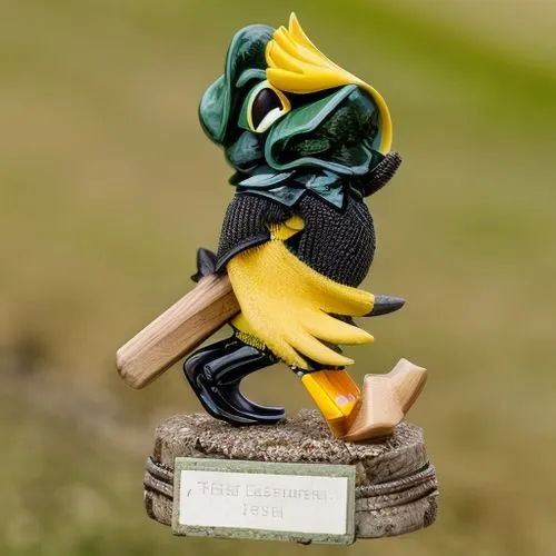 crying walking duck with a cricketbat,jazz frog garden ornament,scandia gnome,frog figure,figure of paragliding,tropical bird climber,pubg mascot,allies sculpture,raven sculpture,game figure,golfer,gn