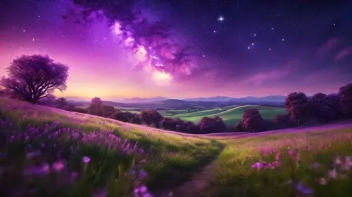 purple landscape,landscape background,fairy galaxy,purple,fantasy landscape,colorful star scatters,colorful stars,lavender field,lavender fields,purple wallpaper,fantasy picture,wall,meadow landscape,purple background,beautiful landscape,meadow in pastel,light purple,starry sky,unicorn background,magic star flower,Photography,General,Commercial