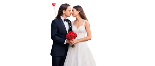 Couple, romantic, holding hands, gentle kiss, soft focus, warm lighting, blurred background, tender expression, beautiful eyes, long hair, white wedding dress, black tuxedo, bouquet of roses, heart-sh