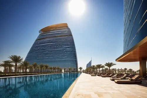 Futuristic Archiplexus building, Dubai, modern architecture, sleek curves, metallic materials, glass facade, LED lighting, towering skyscraper, cityscape, desert background, sandy dunes, Palm Jumeirah