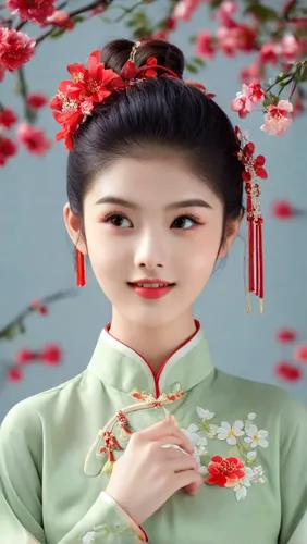 beautiful young woman 19 years old wearing chinese traditional costume in red color happy face a blossom flowers in background,hanbok,geisha girl,chinese art,plum blossom,geisha,taiwanese opera,korean