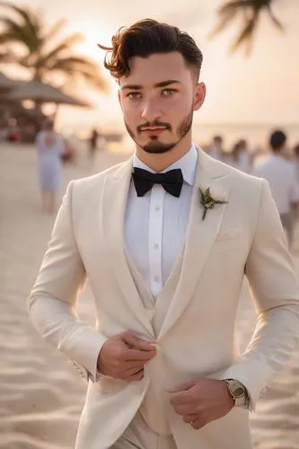 Instagram model, stunning tuxedo, beach wedding background, photorealistic, Nikon Z8, blurred background, f/1.8 35mm, depth of field, photo realistic, raw photo, highly detailed photography, insanely 