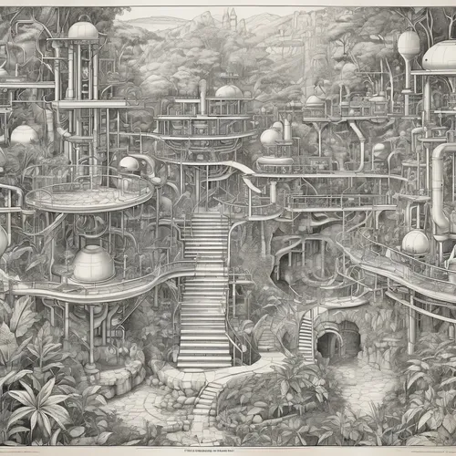 mushroom landscape,garden of plants,garden of eden,futuristic landscape,sci fiction illustration,refinery,utopian,panopticon,escher,secret garden of venus,industrial landscape,hand-drawn illustration,metropolis,cartoon forest,ecosystem,panoramical,plant community,fantasy city,post-apocalyptic landscape,lithograph,Unique,Design,Blueprint