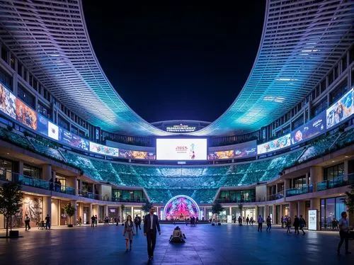 Futuristic stadium, dynamic curves, sweeping arches, cantilevered roofs, gleaming metallic surfaces, iridescent colors, neon lights, holographic displays, transparent LED screens, kinetic sculptures, 