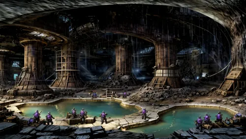 no sunlight and a fallout city civilazation,mining facility,ancient city,the ruins of the,hall of the fallen,imperial shores,arcanum,castle of the corvin,concept art,the ancient world,dungeon,cistern,