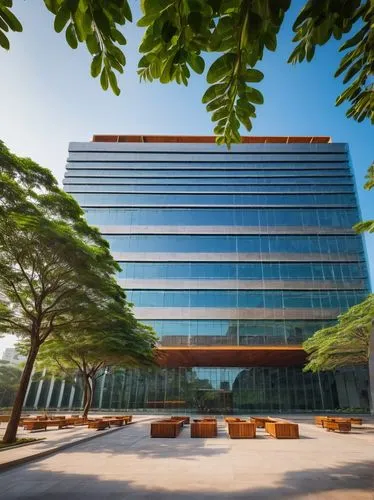 Modern office building, Hyderabad cityscape, glass facade, steel structure, minimalist interior design, wooden furniture, sleek lines, urban landscape, busy streets, skyscrapers, tropical trees, brigh