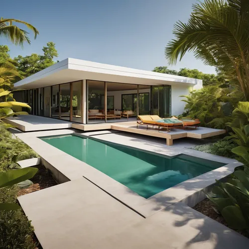 Design a tropical mid century modern vacation house architecture with sleek lines, minimalist exterior, and innovative materials. Craft a contemporary atmosphere for a sophisticated and urban space. P