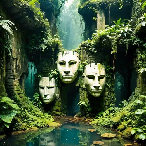 diorama,3d fantasy,gondwanaland,rainforest,biophilia,garden statues,Conceptual Art,Fantasy,Fantasy 10