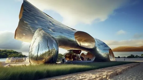 humanos en grupo y niños jugando
,an artistic view of a large whale like building on the shore,futuristic art museum,futuroscope,futuristic architecture,snohetta,soumaya museum,morphosis,Photography,A