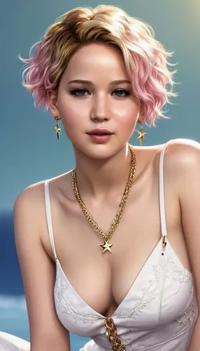 disney, pixar, anime, stylized, cartoon style, cute, big eyes, Feminine person jennifer lawrence, large chest, big chest, short spiky pink pixie cut, asymmetrical haircut, pale skin, spiky hair, white