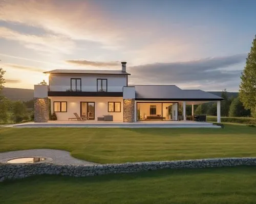 A minimalist Scandinavian-style house with a gable roof, featuring stone details on the facade, set in a quaint village surrounded by small hills and forest. The house has large windows with black fra