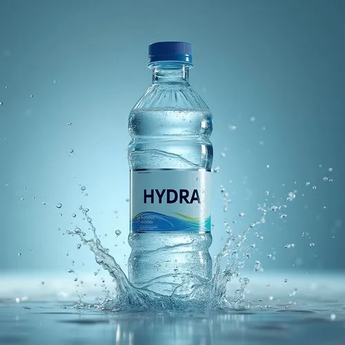 bottle of water that was drop in the table and it splashes of clear and clean water with HYDRA text on the clear bottle of water,the bottle is in the water, and is leaking,hydro,hydrolysed,hydri,dihyd