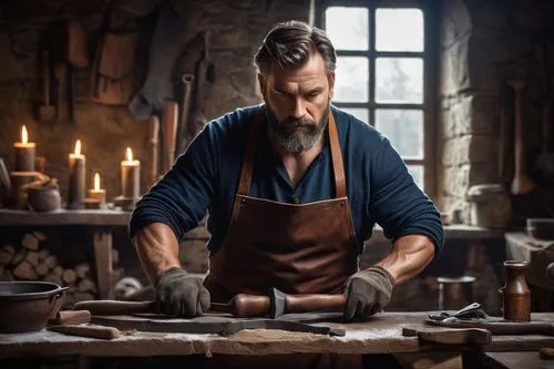 Medieval coat of arms maker, middle-aged man, muscular build, short beard, messy brown hair, apron, leather gloves, hammer in hand, anvil on wooden workbench, medieval-inspired workshop, stone walls, 