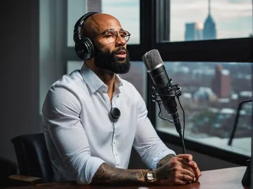 Joe Budden, podcast host, mature man, (40yo), detailed beard, casual hairstyle, glasses, white shirt, black jeans, sneakers, microphone, headphones, sitting, relaxed posture, indoor studio setting, wo