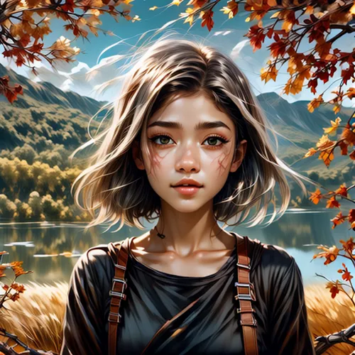 world digital painting,autumn icon,autumn background,digital painting,fantasy portrait,mystical portrait of a girl,girl with tree,portrait background,girl portrait,little girl in wind,digital art,rosa ' amber cover,autumn theme,sci fiction illustration,digital artwork,the autumn,digital illustration,illustrator,landscape background,young girl