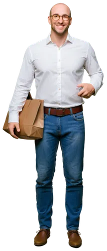 Adult, male customer, solo, (35yo), casual hairstyle, glasses, light beard, smiling face, white shirt, dark jeans, brown belt, leather shoes, holding shopping bag, standing, relaxed pose, natural ligh