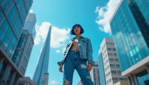 giantess,denim background,jeans background,motoko,kamurocho,emiri,utada,kaneda,sayaka,korra,denim,woman walking,pedestrian,cyan,street shot,akira,render,shimei,3d render,denim jumpsuit,Photography,General,Realistic