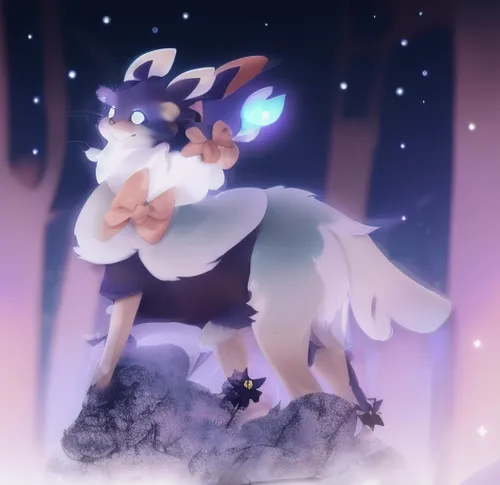 Slender Pokemon fairy dog poodle, inspired by Sylveon, wearing a bow, anime style,wolf couple,kitsune,starlight,falling star,faerie,faun,constellation wolf,starflower,summoner,fairy galaxy,encounter,m