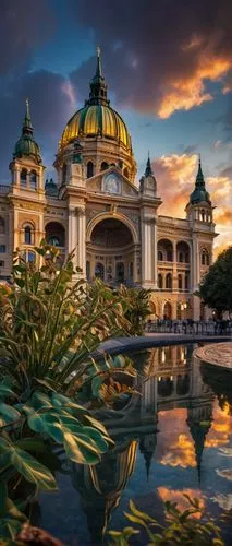 Hungarian architecture, grand, ornate, Baroque style, intricate stone carvings, ornamental facades, golden domes, Gothic spires, medieval, Renaissance influence, Budapest Parliament Building, St. Step