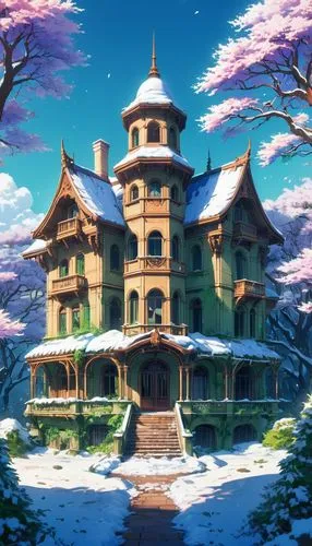 dreamhouse,studio ghibli,winter house,witch's house,fairy tale castle,ghibli,Illustration,Japanese style,Japanese Style 03