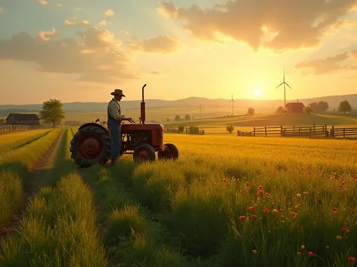 Farmland setting, sunset time, vast open fields, green wheat, yellow rapeseed, red poppy flowers, farmhouses in the distance, old rusty tractors, wooden fences, scattered trees, rolling hills, windmil