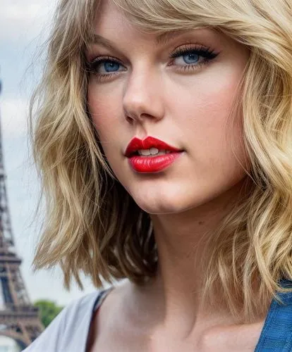 a portrait half body of a beautiful Taylor Swift  24 years old blonde hair red lips in a blue t-shirt in the street of Paris whit the Eiffel Tower as background in 4k,paris clip art,red lipstick,red l