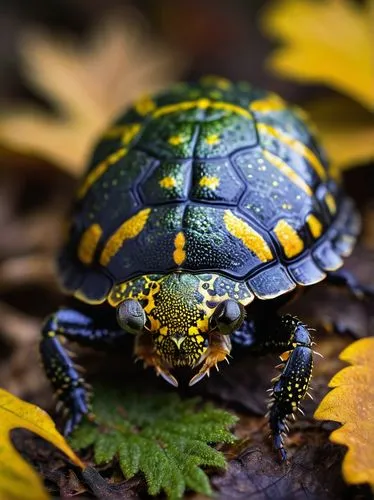 Imperial tortoise beetle, shiny black carapace, golden yellow stripes, delicate legs, antennae, macro photography, close-up, 3/4 composition, natural light, forest floor, autumn leaves, moss, ancient 