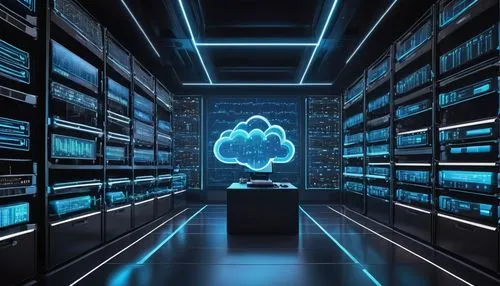 Cloud computing, distributed system, scalable architecture, modern data center, rows of racks, servers with blinking lights, intricate cables, sleek metal casings, multiple monitors displaying real-ti