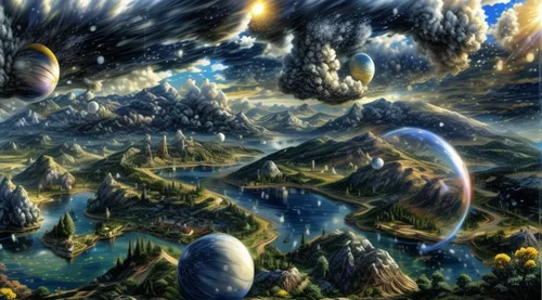 terraforming,fantasy landscape,alien world,alien planet,futuristic landscape,mushroom landscape,fractal environment,mountain world,fantasy picture,lunar landscape,gaia,volcanic landscape,planet alien sky,fairy world,panoramical,dream world,sci fiction illustration,3d fantasy,underwater landscape,fantasy art