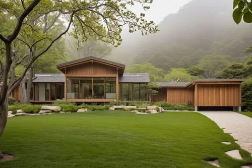 Sasaki, modernist home, stone, wood, block, paneling, flowering trees, pagoda-inspired roofline,house in the mountains,house in mountains,eco hotel,dunes house,mid century house,timber house,grass roo