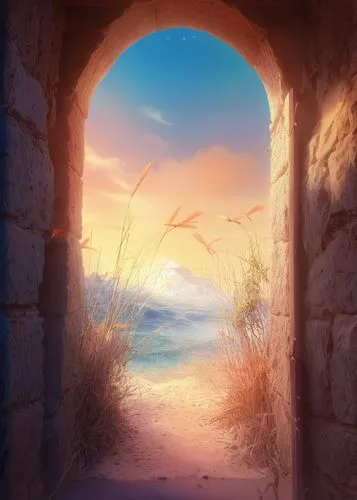 a stone archway that opens to an ocean view with a light coming from the window,cartoon video game background,windows wallpaper,heaven gate,landscape background,empty tomb,greek island door,Illustrati